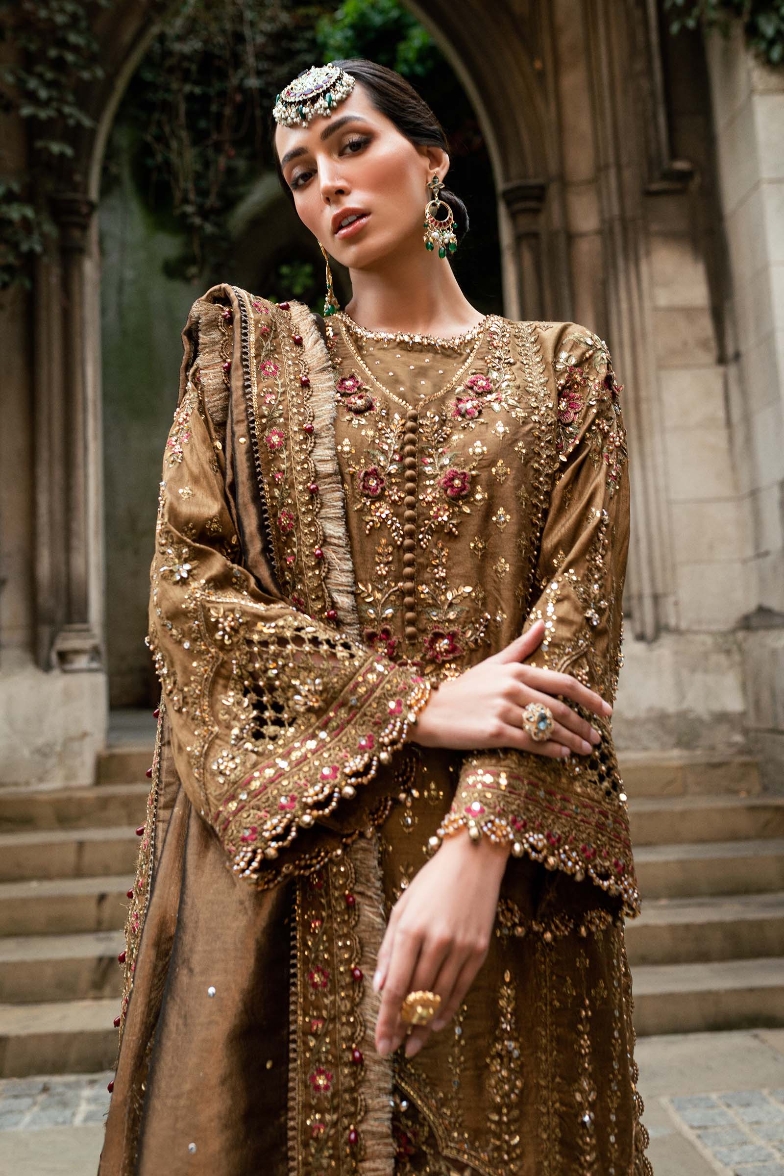 3 Piece Unstitched Embroidered Raw Silk Suit WF 09 04 Tambaku Brown - Image 6