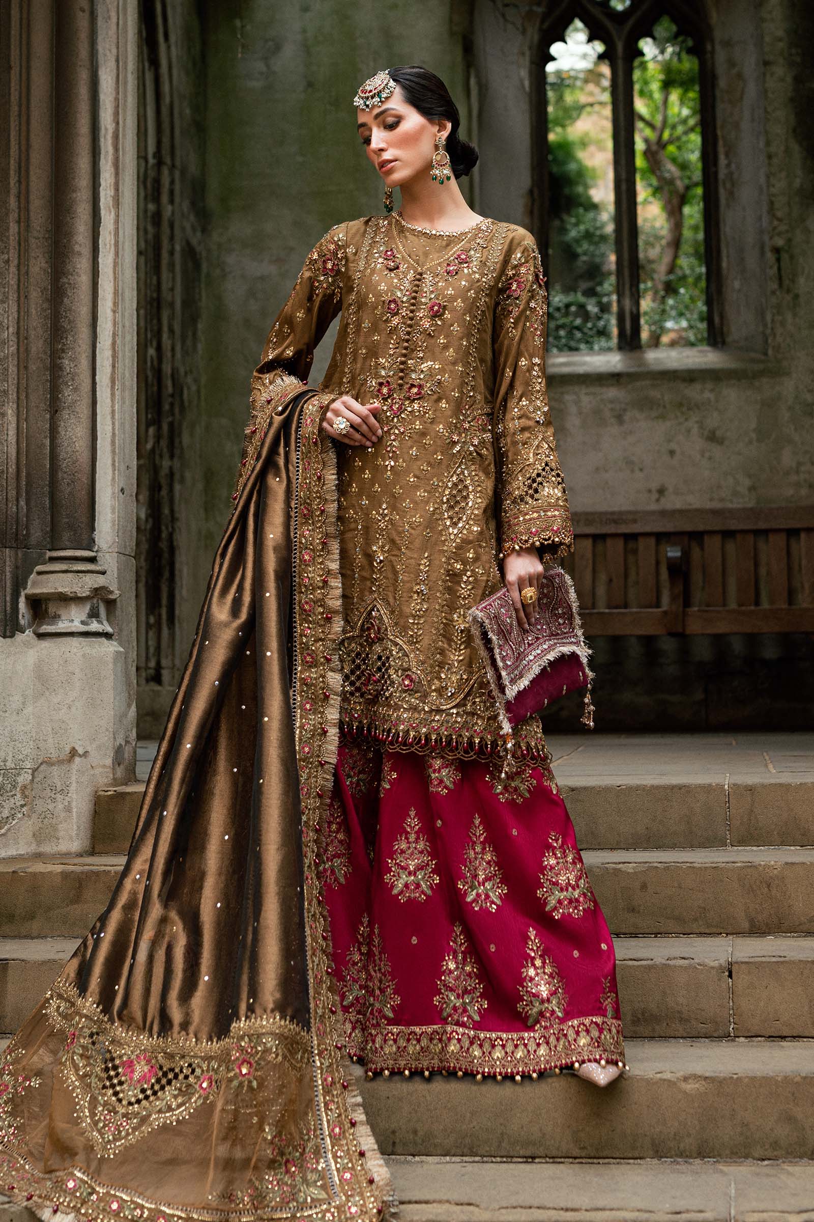 3 Piece Unstitched Embroidered Raw Silk Suit WF 09 04 Tambaku Brown