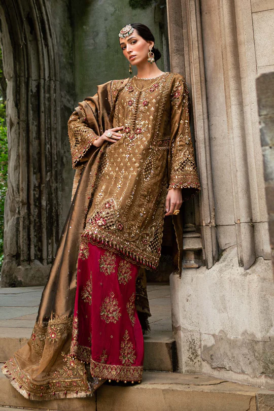 3 Piece Unstitched Embroidered Raw Silk Suit WF 09 04 Tambaku Brown - Image 3