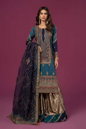 3 Piece Embroidered Raw Silk Suit Sf Ef24 27 Blue