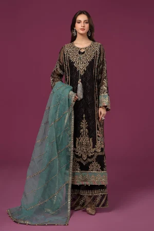 3 Piece Embroidered Organza Suit Sf Ef24 46 Black